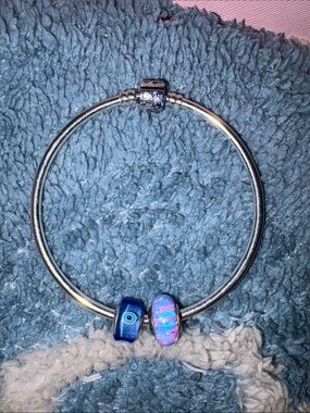 Silver Pandora Bangle Bracelet with Blue Evil Eye and Pink-Blue Opal Charm